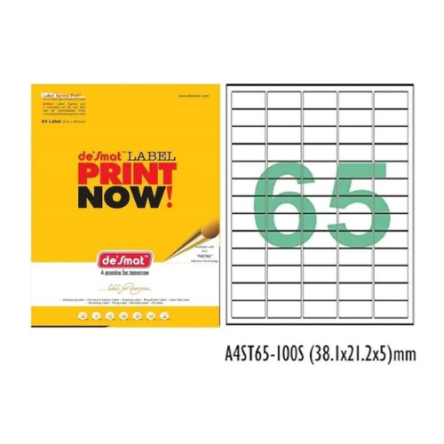 Desmat A4 Labels – 65 per Sheet | Self-Adhesive | Pack of 100 Sheets